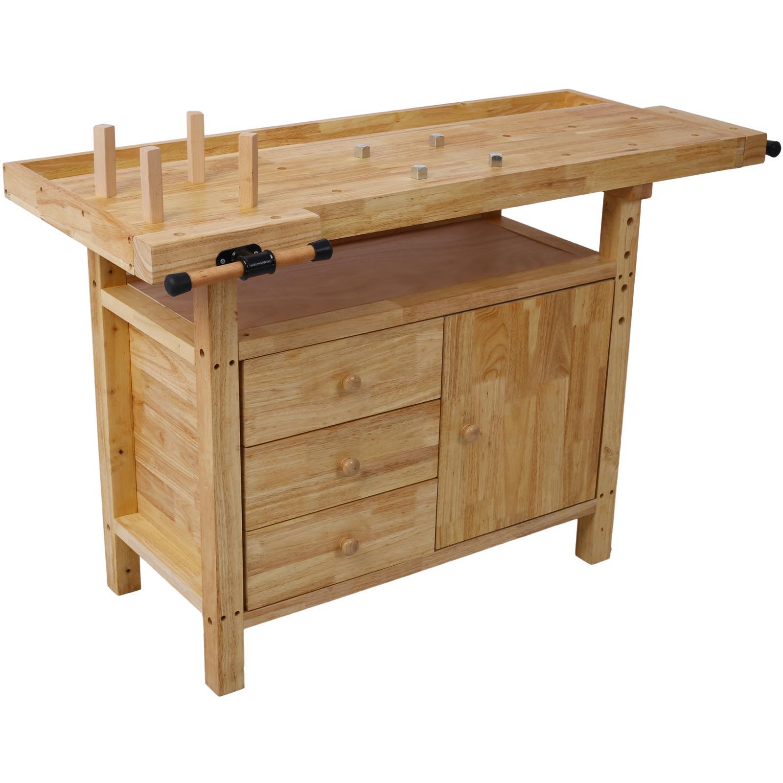 Wooden Workbench for Garage Workshop and Home with Four Metal Pillars 3 Drawers