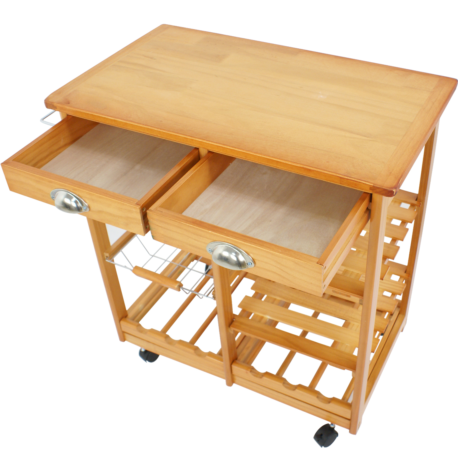 Pine Wood Kitchen Trolley Cart Rolling Wine Rack Storage Island Drawers Serving
