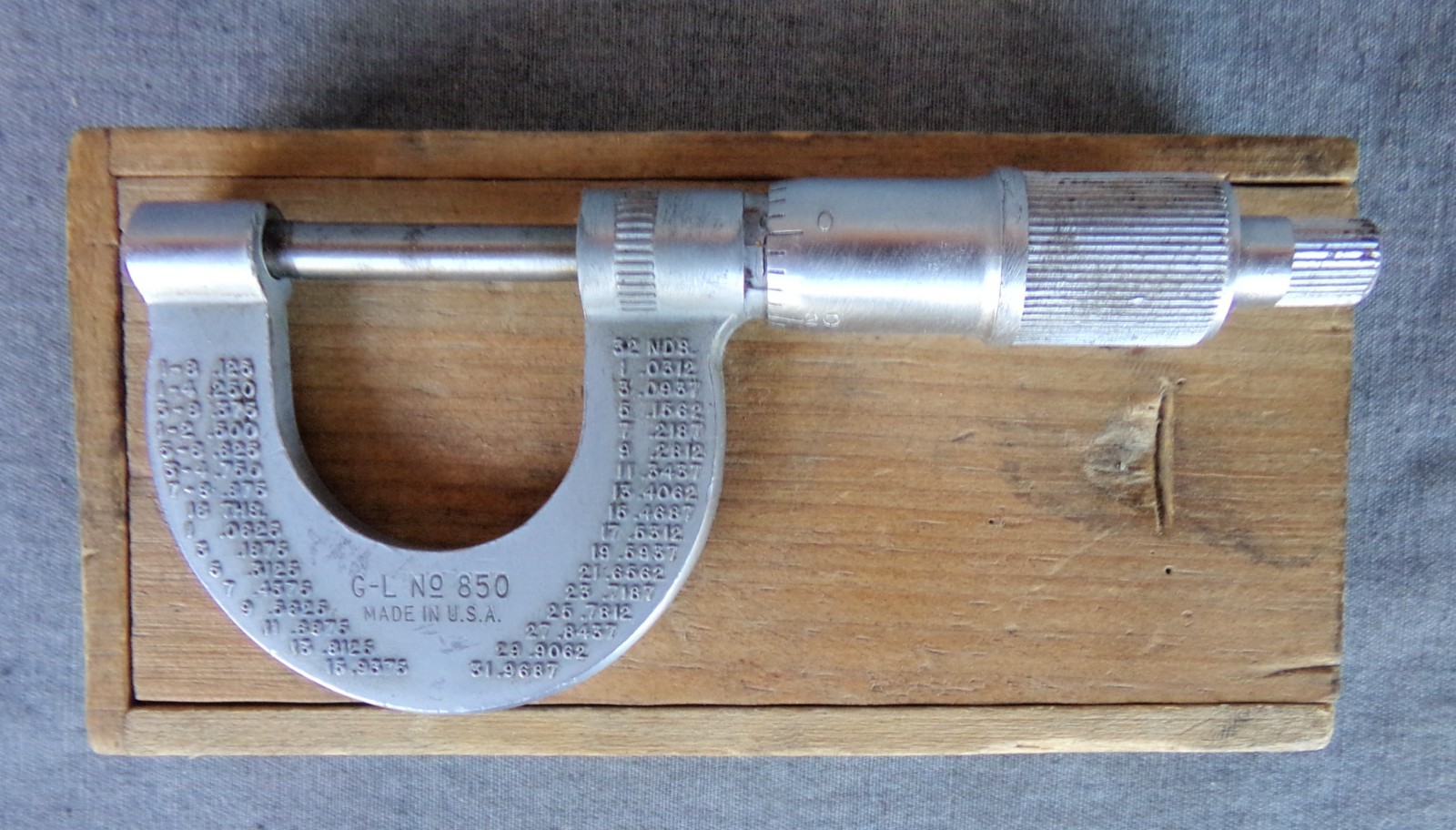 Vintage Great Lakes G-L No. 850 Outside Micrometer in Wood Slide-Top Box