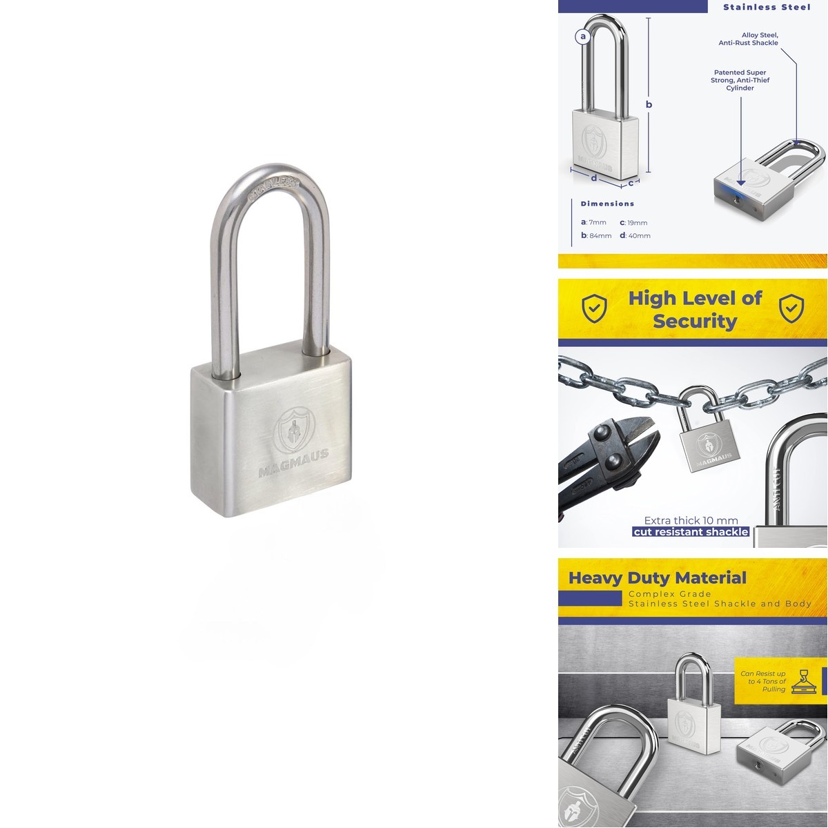 Magmaus PDE40 Heavy Duty Stainless Steel Weatherproof Padlock with 3 Keys