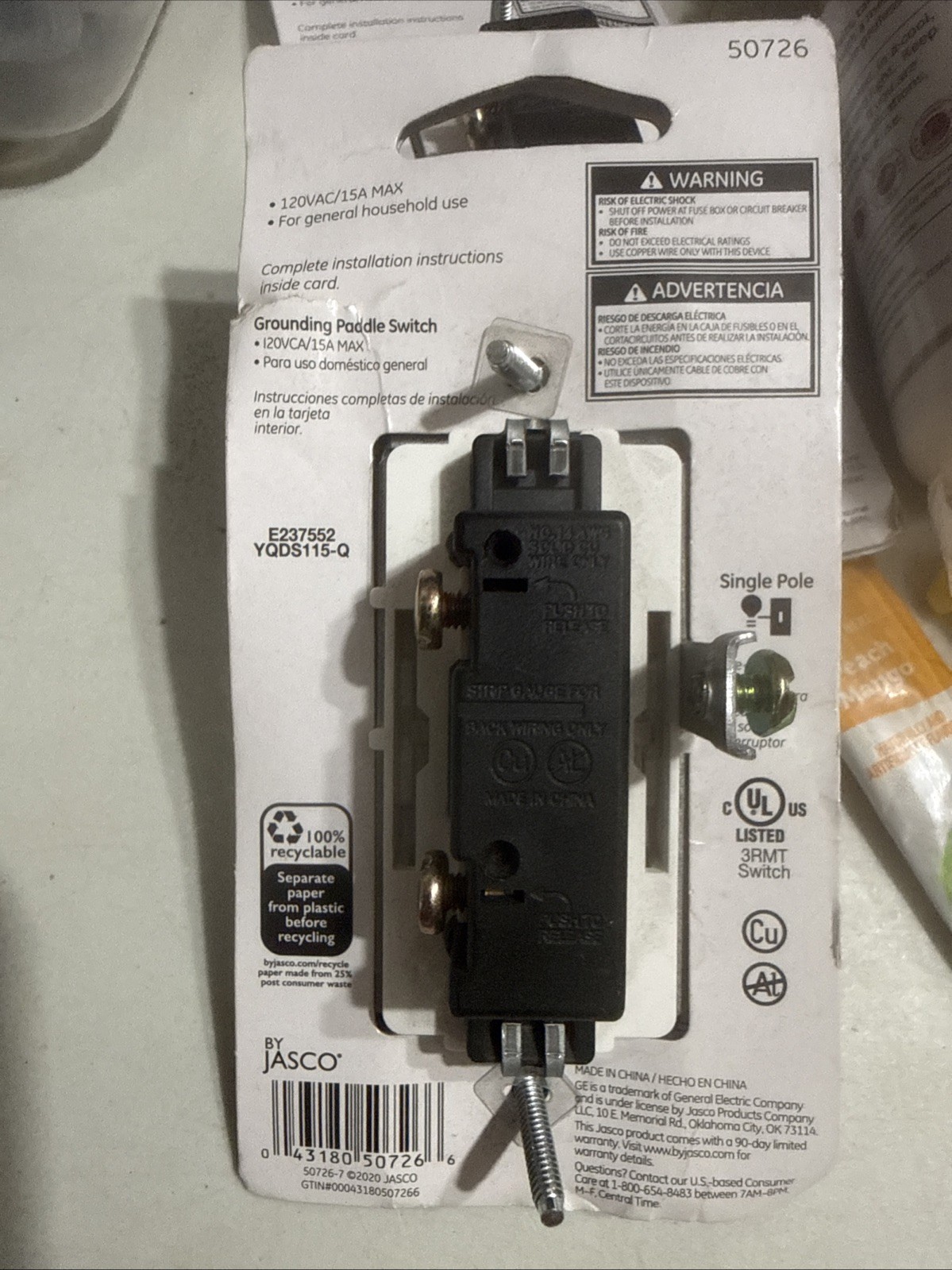 GE UltraPro Grounding Paddle Light Switch Single Pole 15A White