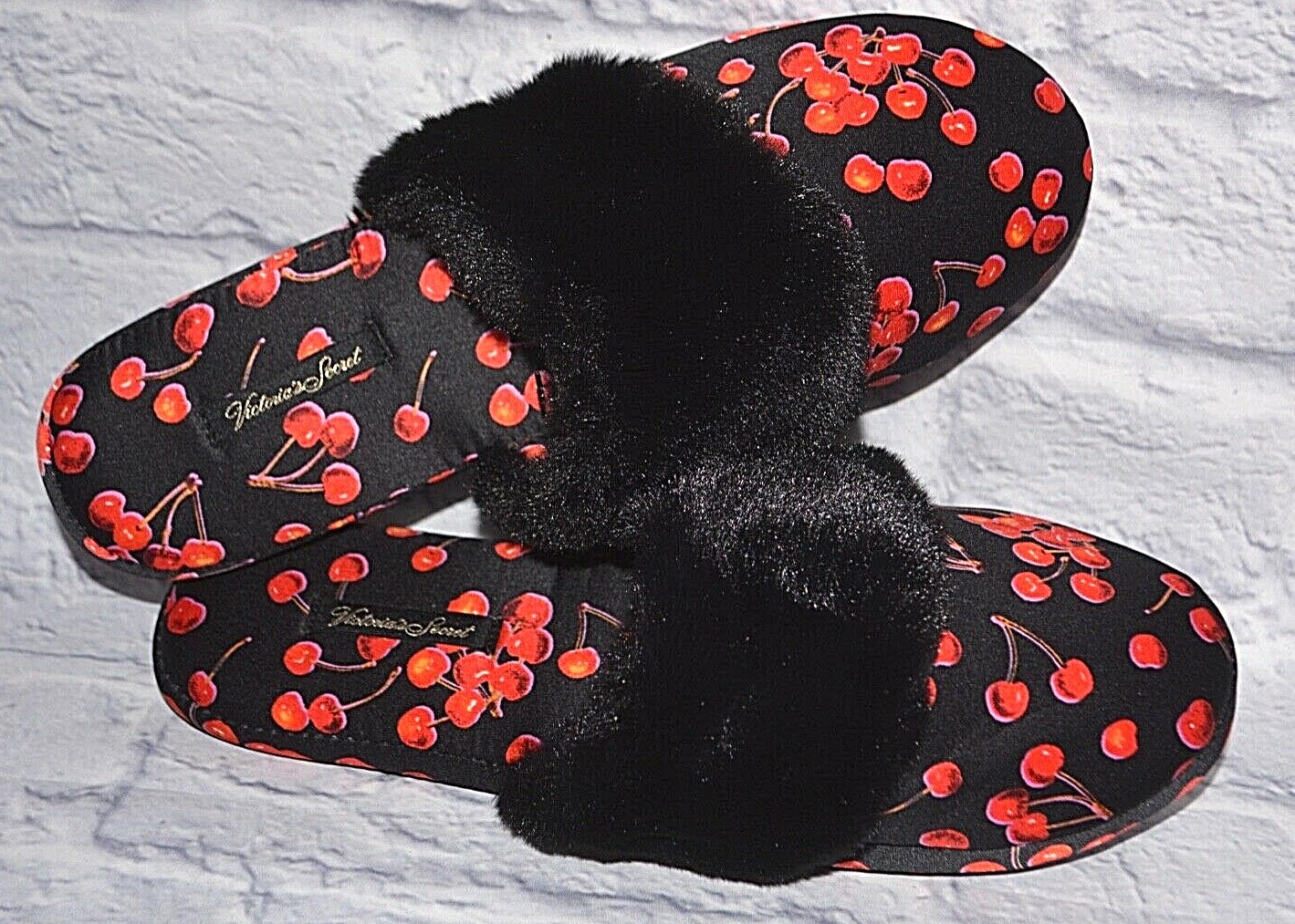 Victoria's Secret SIGNATURE SATIN SLIPPERS FAUX FUR BLACK RED CHERRY M 7 8 NEW