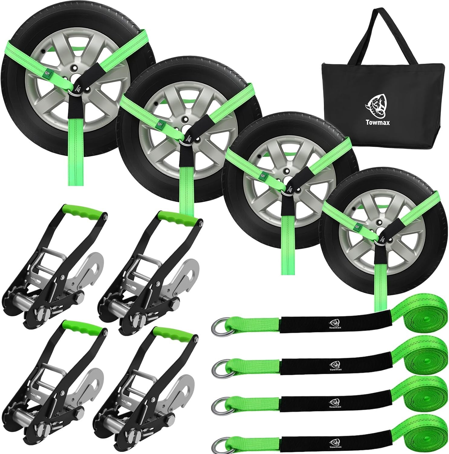 Heavy Duty 4 Pack Car Tie Down Straps - 10,000Lbs Break Strength, 8' Long