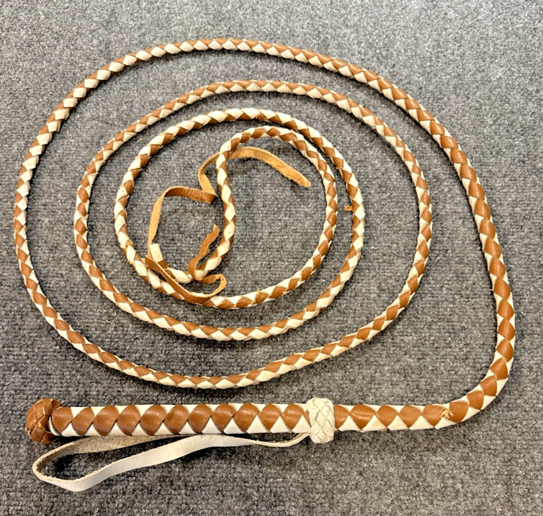 Handcrafted 12 Ft Leather Bullwhip – Two-Tone Brown & White Braided Western Whip