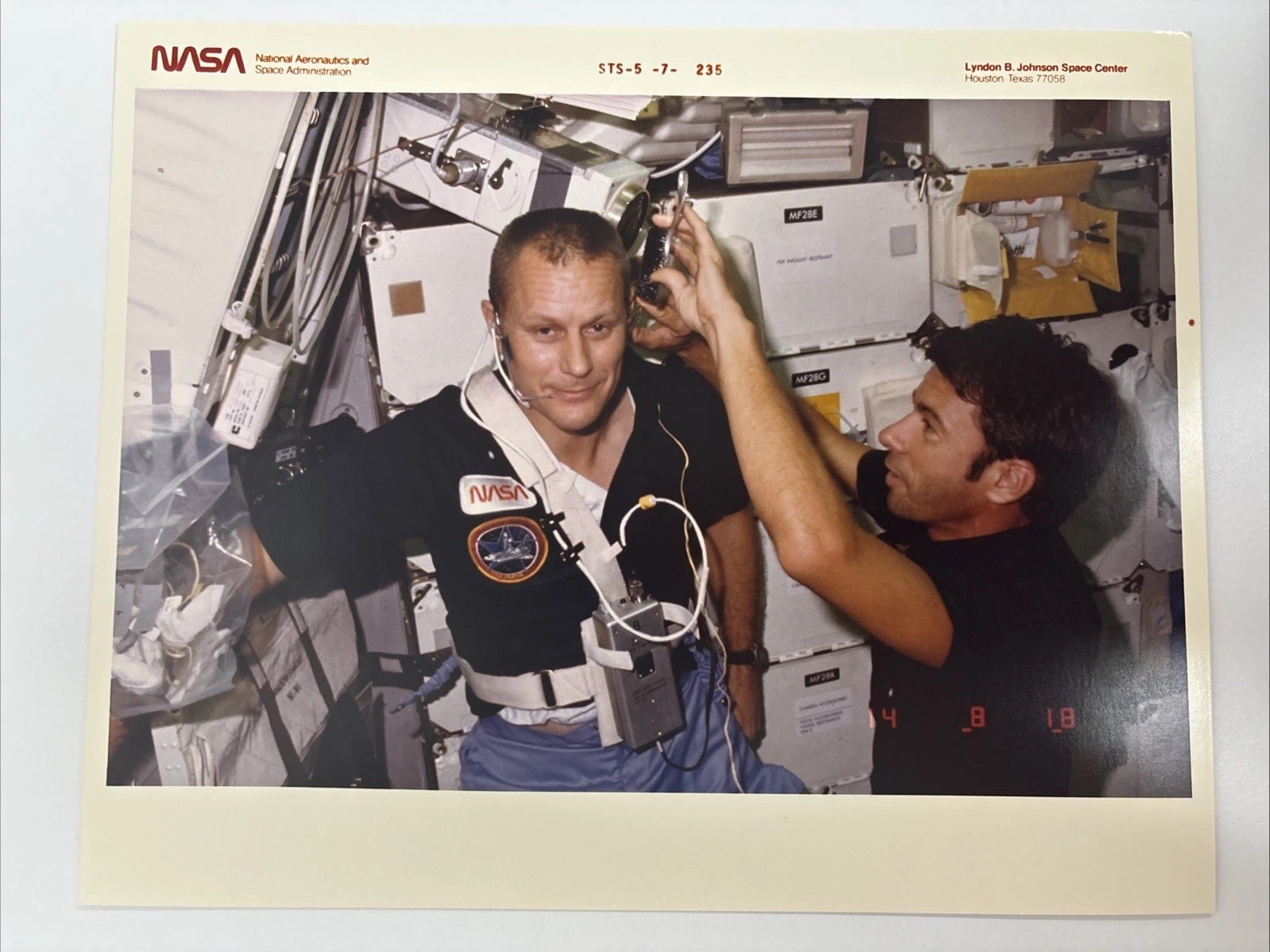 NASA STS 5 Lenoir Getting Haircut on Columbia Red Numbered Press Photo Color