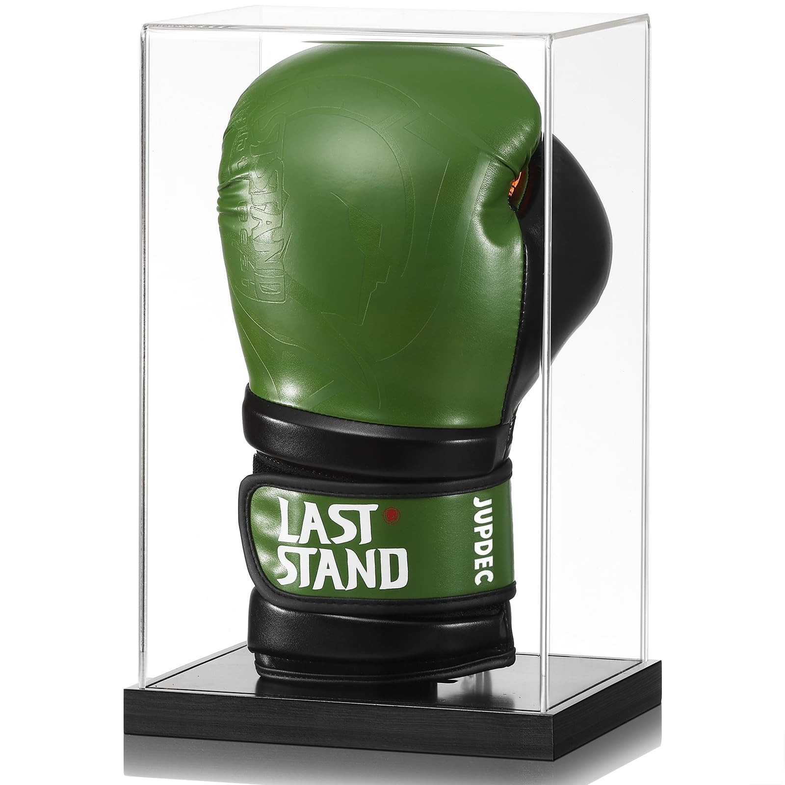 JupDec Boxing Glove Display Case Clear Acrylic Showcase with Wood Base & Plank