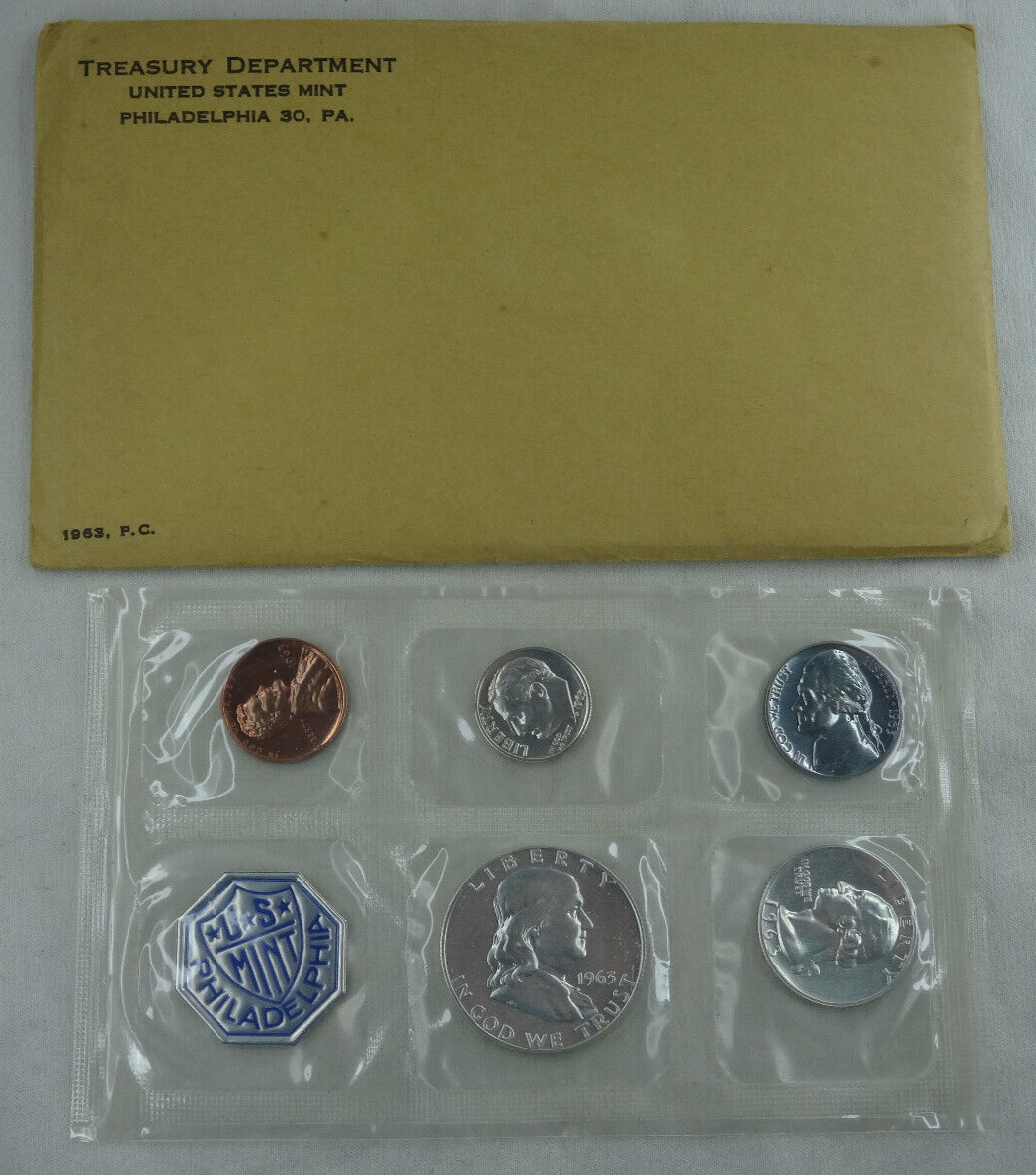 1963 US Mint Proof Set 5 Coins 90% Silver Original Envelope & Cello Flat Pack