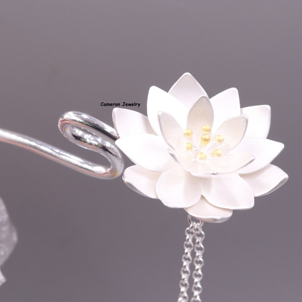 Pure S925 Sterling Silver Hairpin Women Lucky Flower Hair Stick 6.9inch