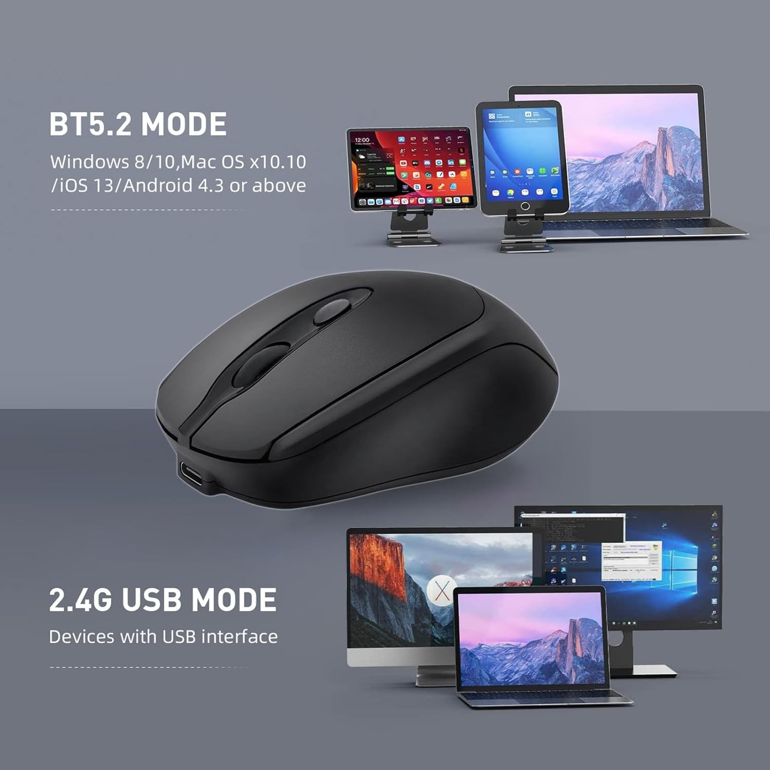 Bluetooth Wireless Mouse USB C for Mac Book Air Pro/iPad/Laptop Black