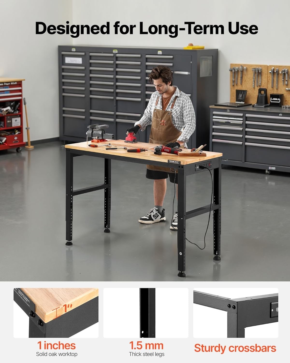 Versatile Adjustable Work Bench - 48 x 20 Inches, 2000 lbs with USB & AC Outlets
