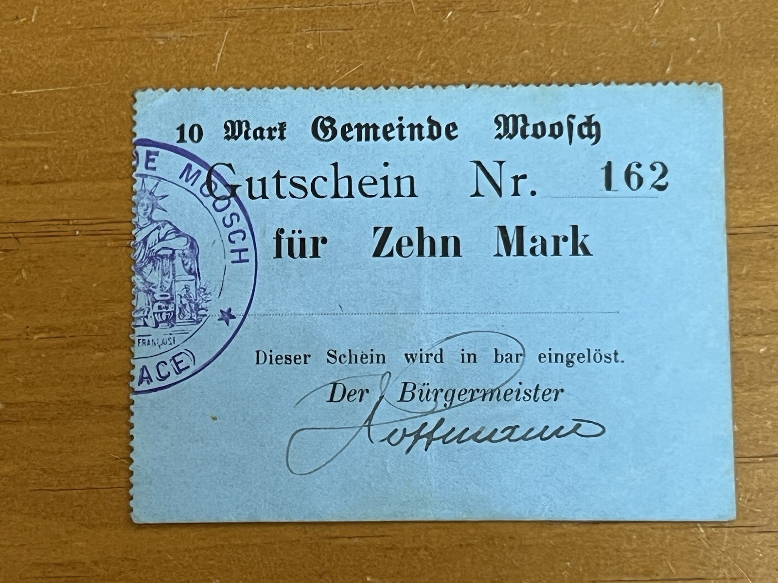 Gutschein NR. 934 Notgeld 10 Mark Commune Moosch