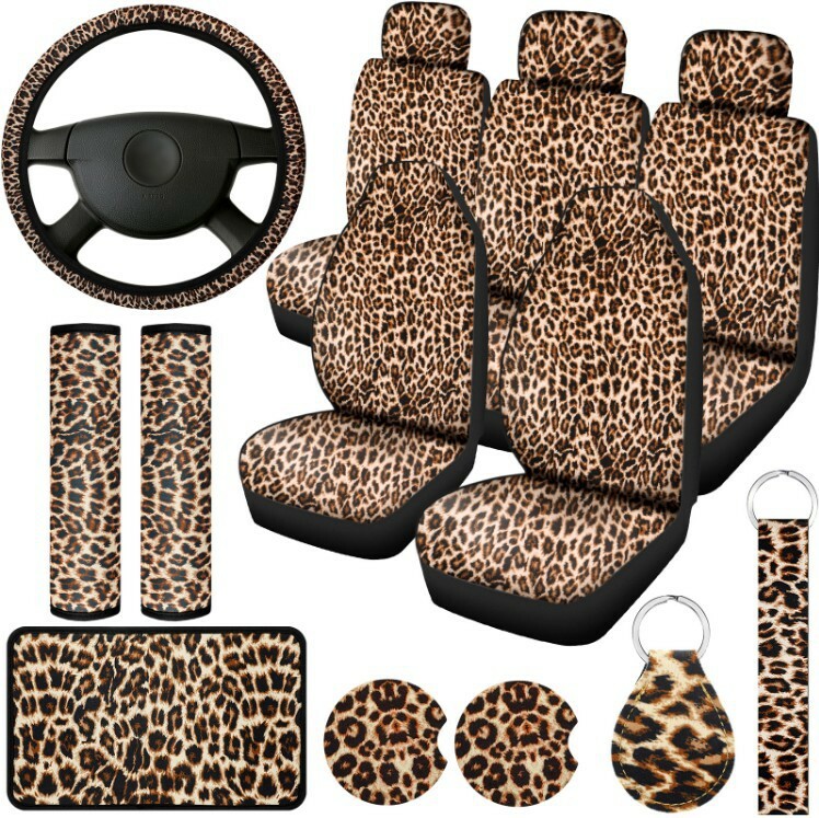 15-Piece Set of Leopard Print Car Seat Cover+Shoulder Guard+Keychain