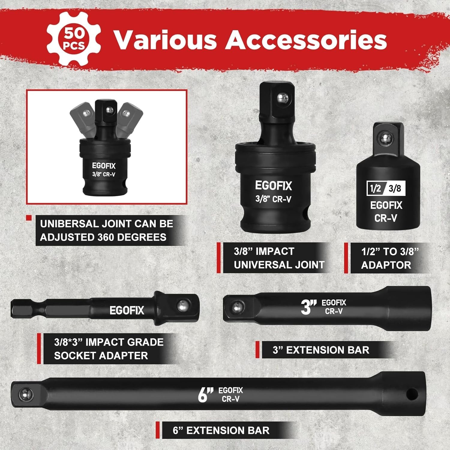 Complete 50-Piece Chrome Vanadium Socket Set with 6-Point Design & Accessories