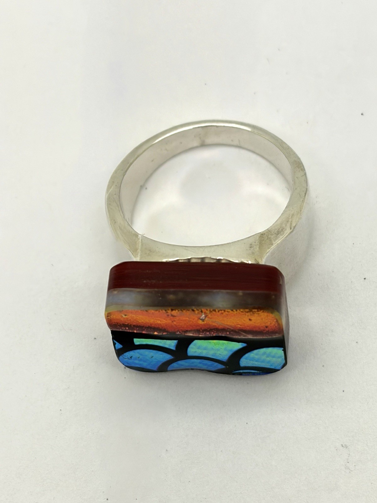 Dichroic Fused Glass Silver Toned Ring-Size 7.75