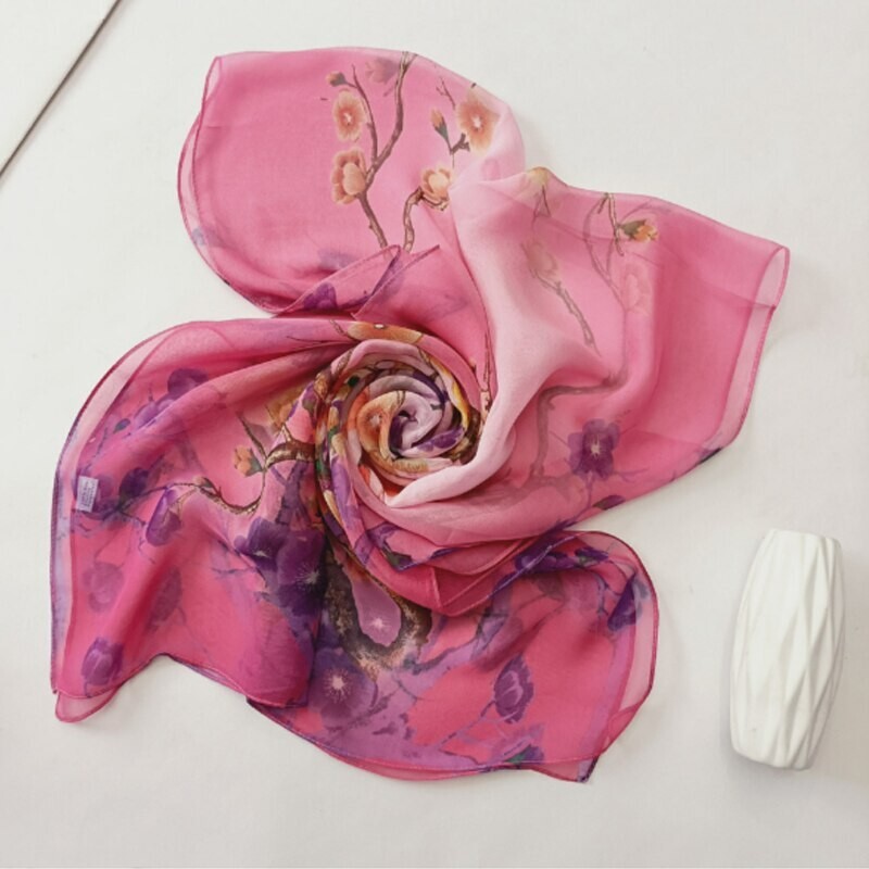Pink Floral Fashion Scarf - Women's Chiffon Printed Silk Soft Fashion Wrap
