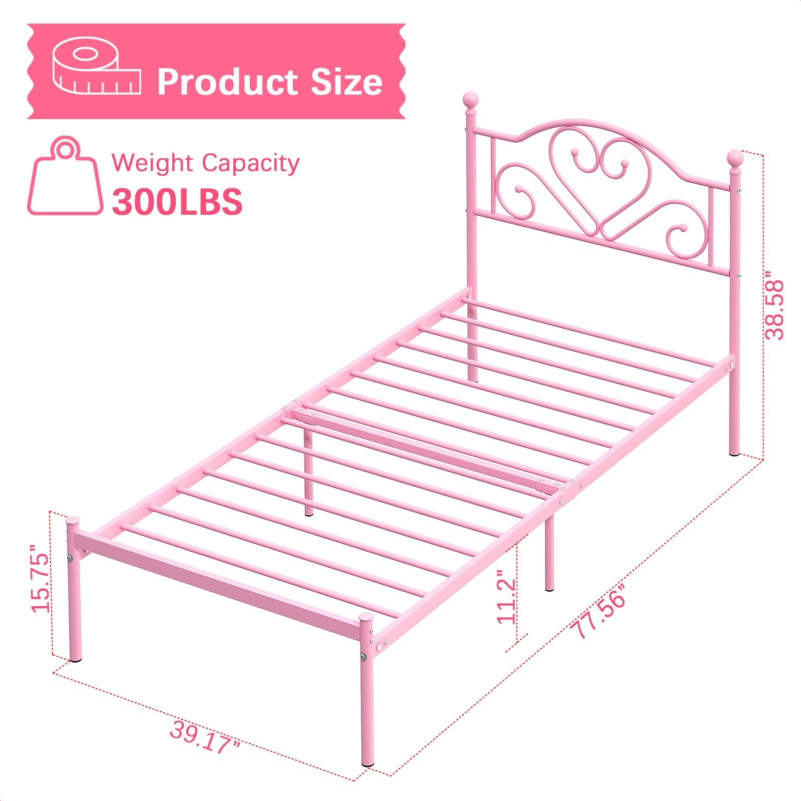 Twin Metal Bed Frame with Headboard, Underbed Storage, Pink