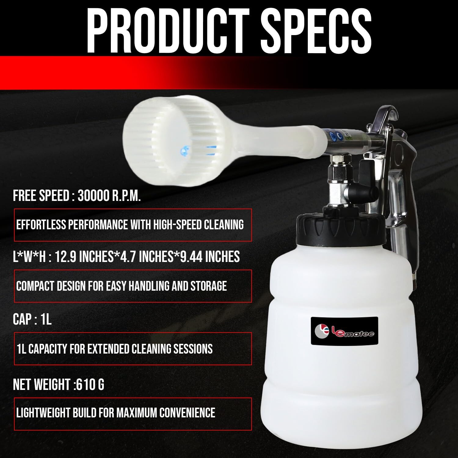 LE LEMATEC Car Cleaning Gun with Brush - High-Pressure Car Interior Cleaning ...