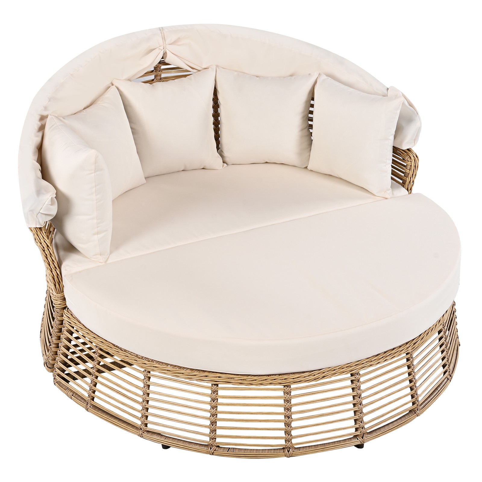 Outdoor Rattan Round Daybed with Retractable Canopy Wicker Patio Sofa Beige
