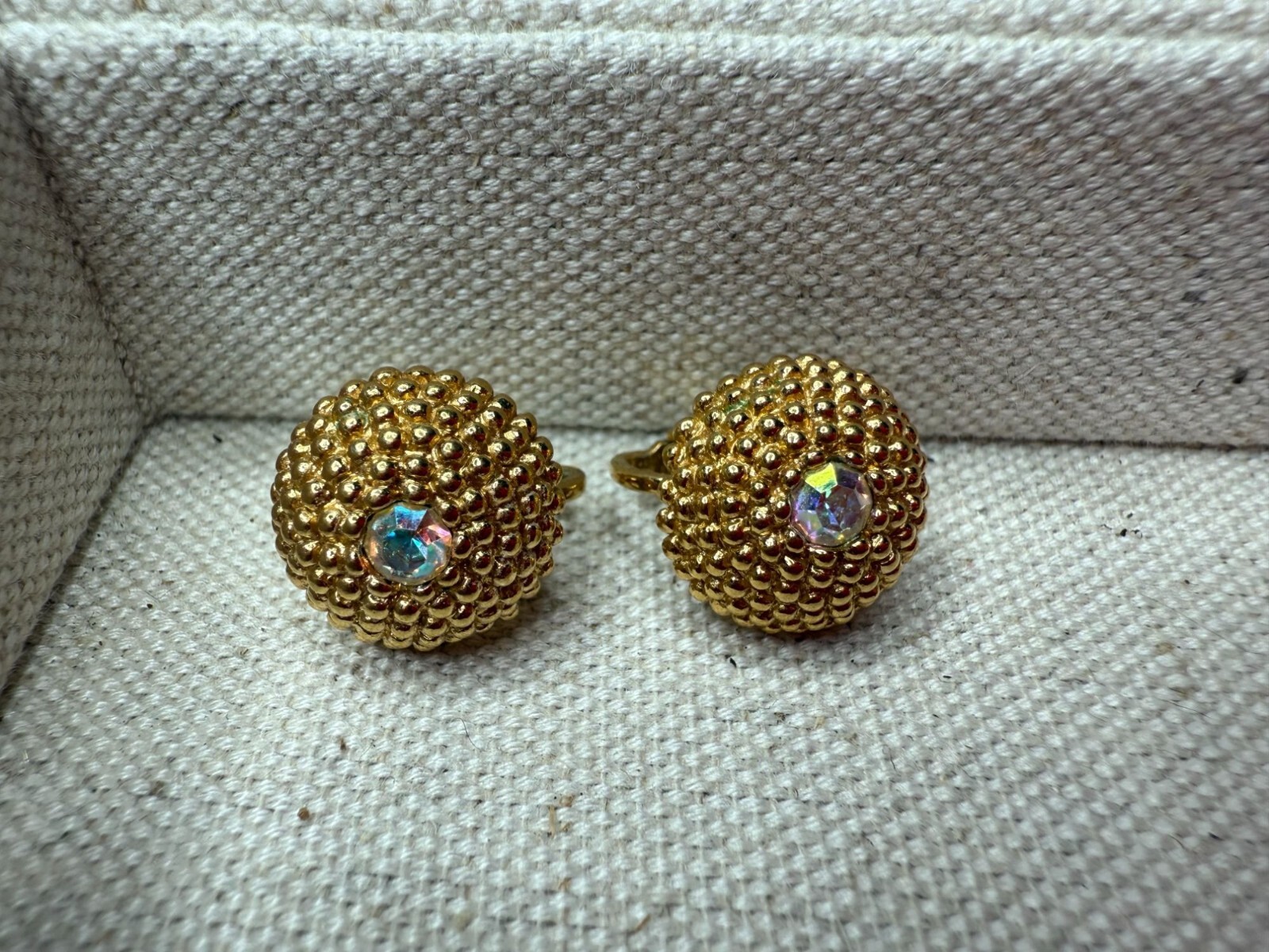 Vintage Gold-Tone Clip-On Earrings With Aurora Borealis Rhinestones