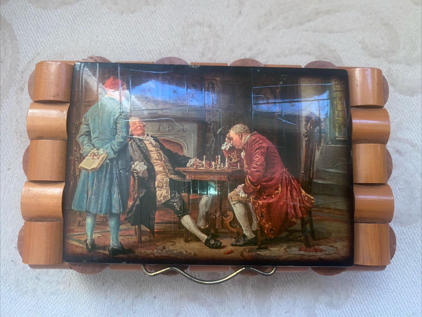 VINTAGE WOODEN BOX JEWELRY TRINKED BOX Florence Italy 3 Men Playing Chess