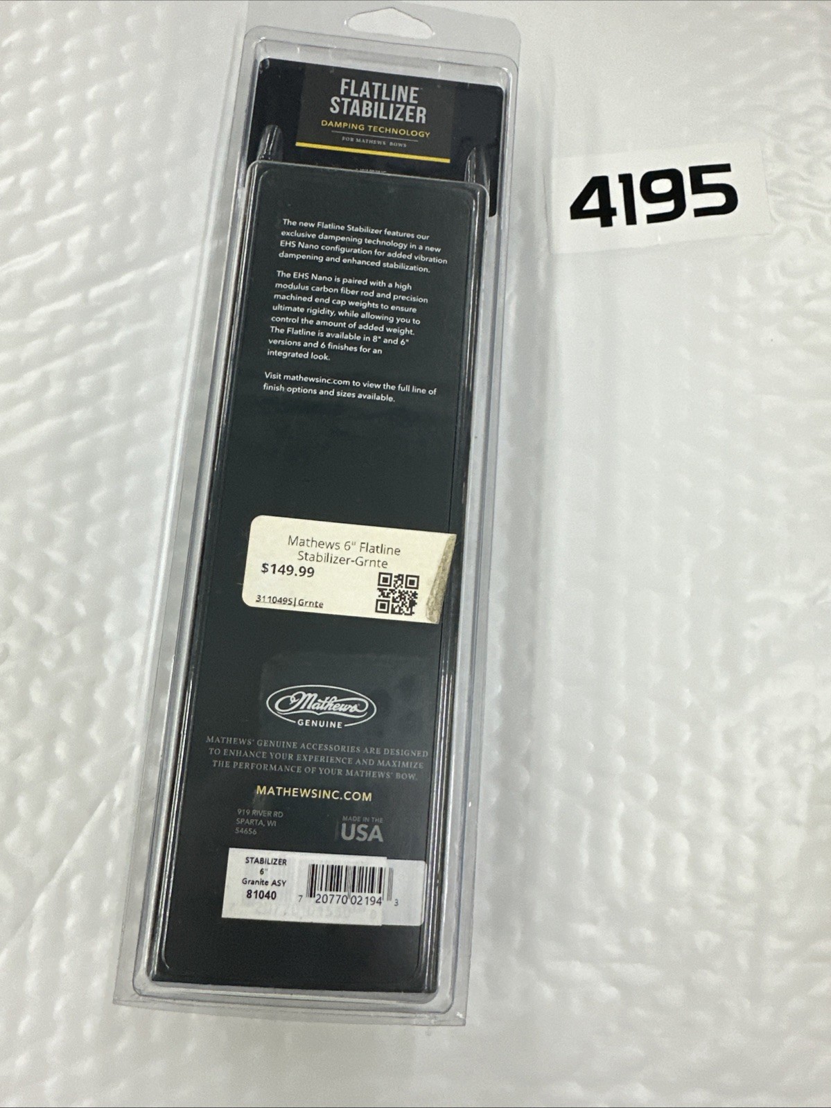 Mathews Flatline Bow Stabilizer- 6” Flat Line - Granite Finish - Item 4201