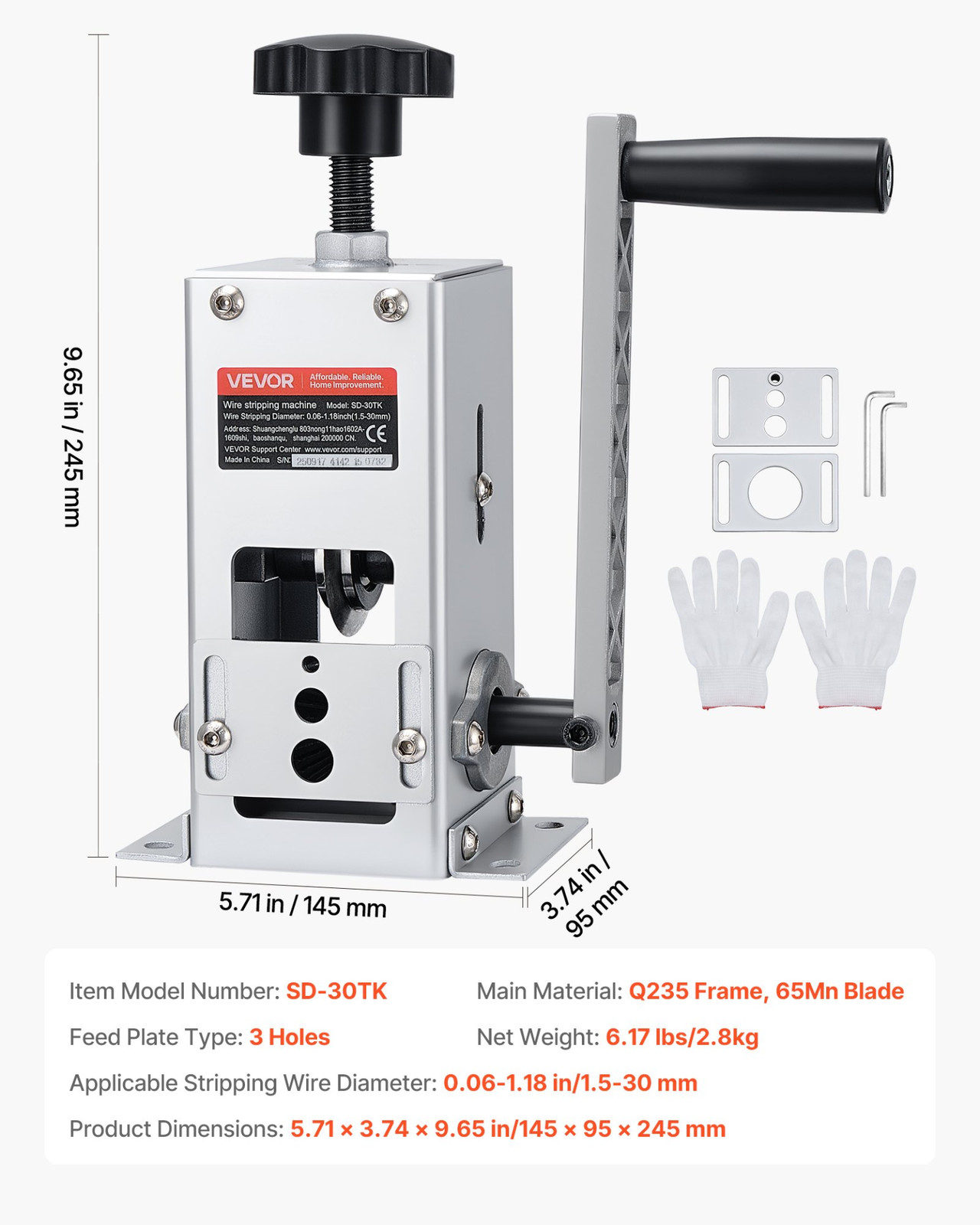 Manual Wire Stripping Machine 0.06–1.18" Copper Cable Stripper Tool Heavy Duty