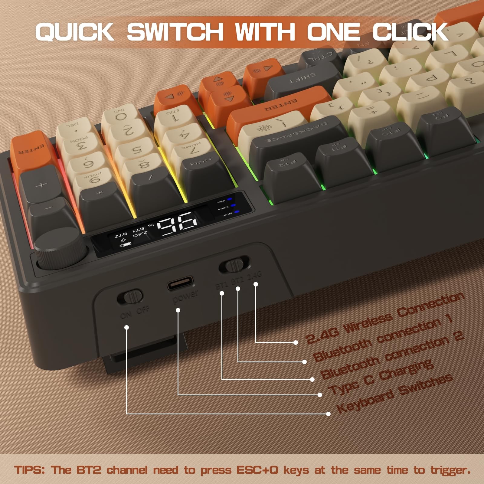 Wireless Gaming Keyboard with RGB Backlight, Bluetooth/2.4G, 94 Keys