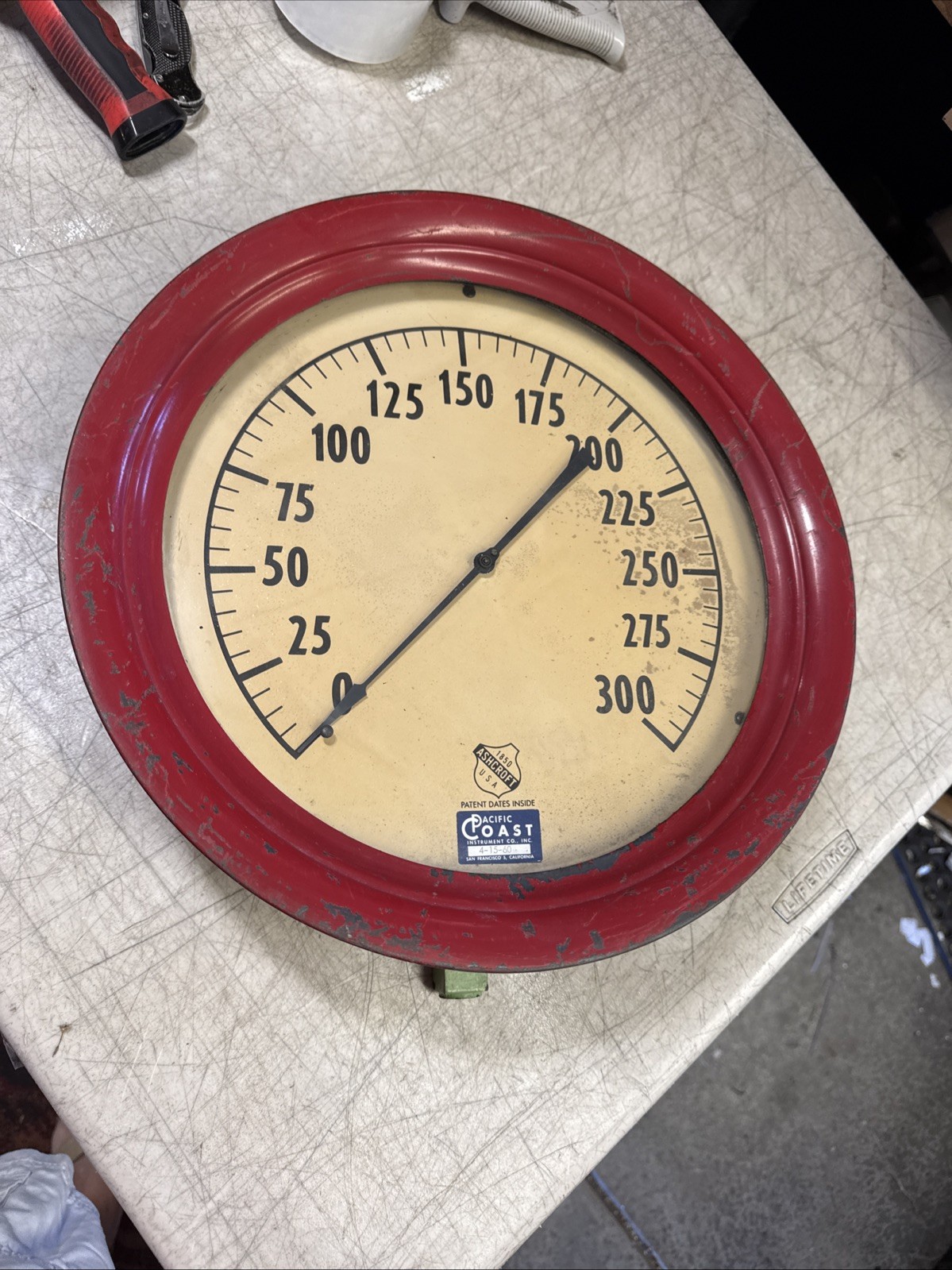 Antique Ashcroft 1850 0-300 lbs Steam Pressure Gauge 12" Brass & Case iron