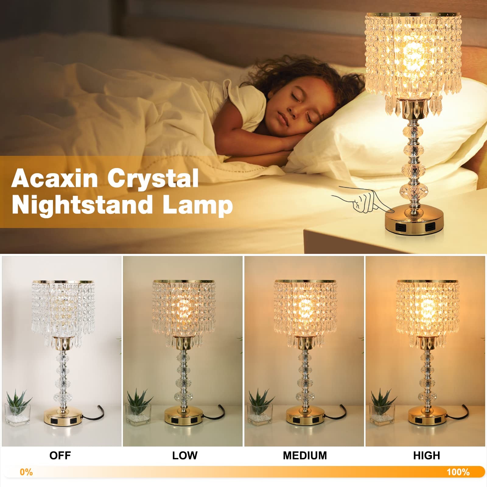 Acaxin Crystal Table Bedside Lamp Touch Control, 3-Way Medium-g, C:Gold