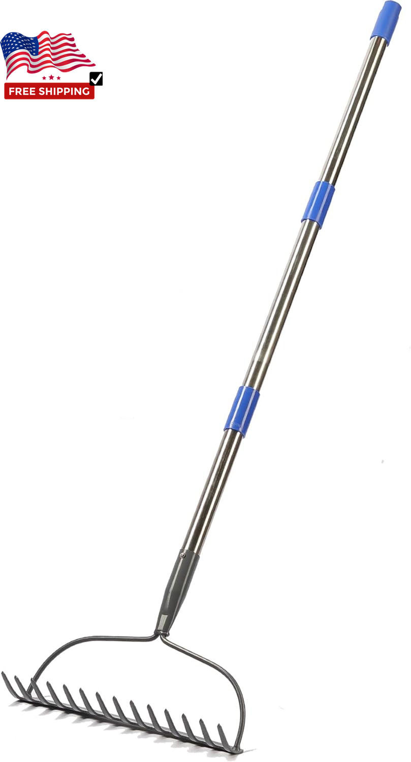 Garden Rake, 5 FT Metal Rake for Lawns - Level Head Rake with Stainless Steel Ha