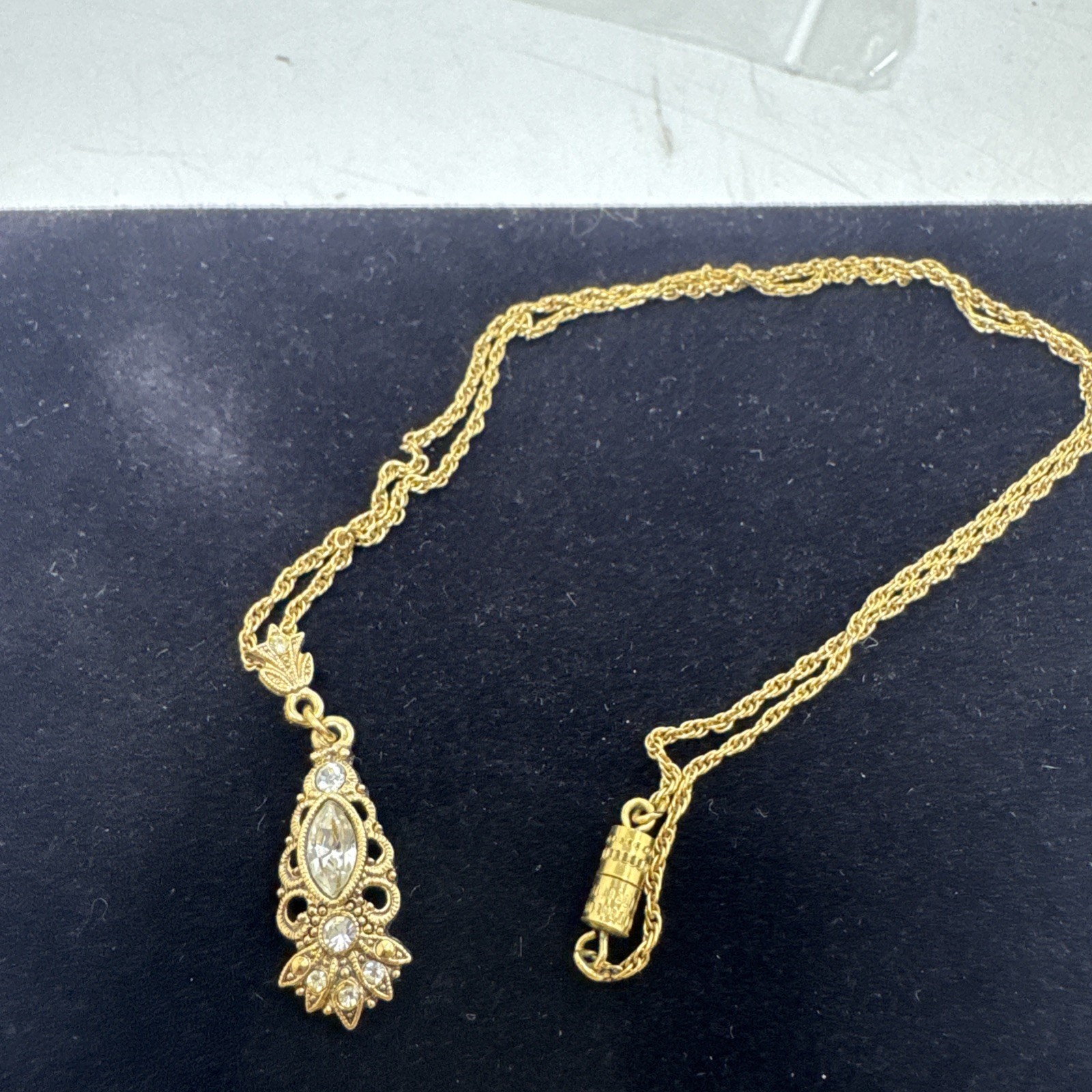 Gold Tone Dangle drop Clear Crystal Pendant 1.33" HTF Filigree Old Vintage