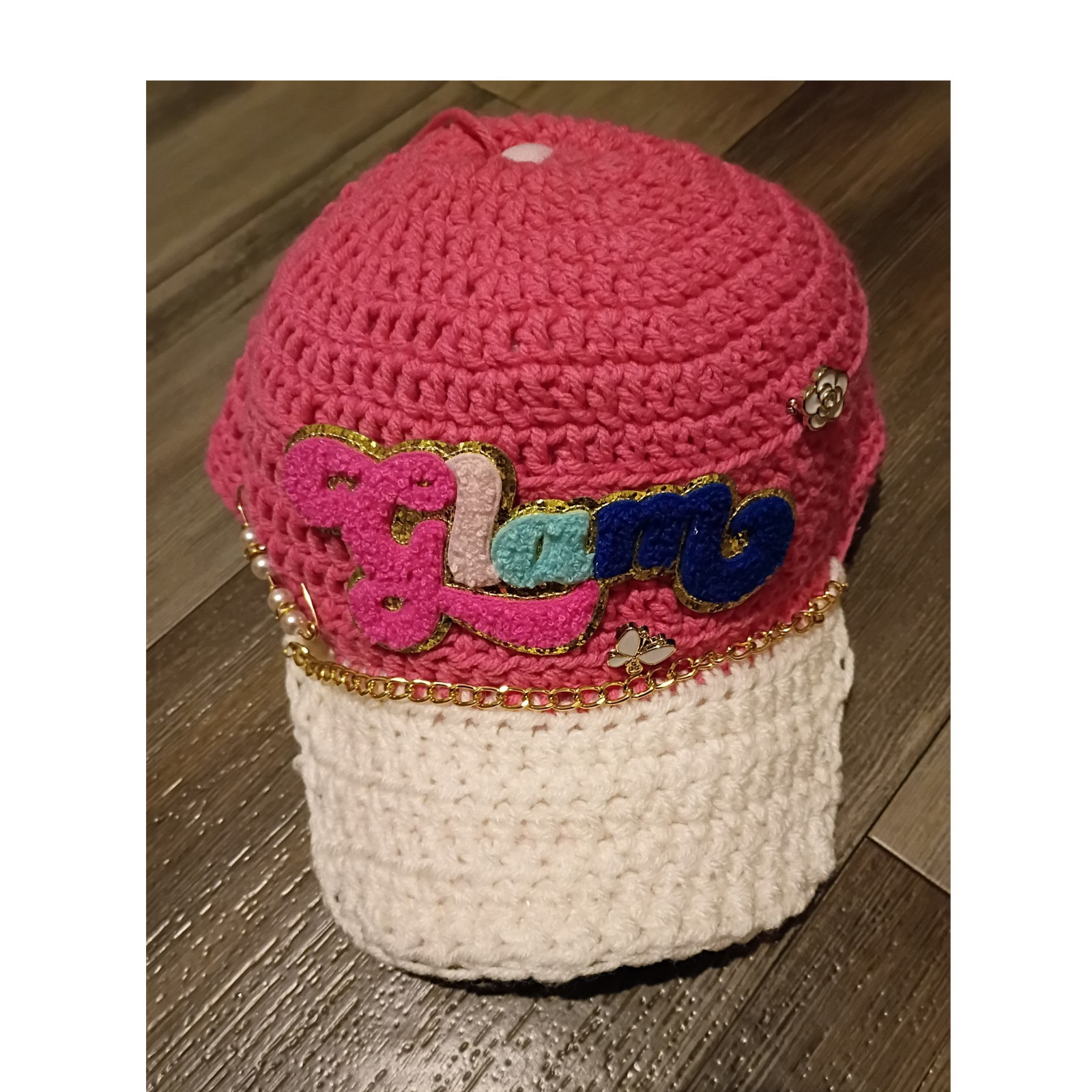 Handmade Pink and White Crochet Hat with Glam Patch, Butterfly, Flower