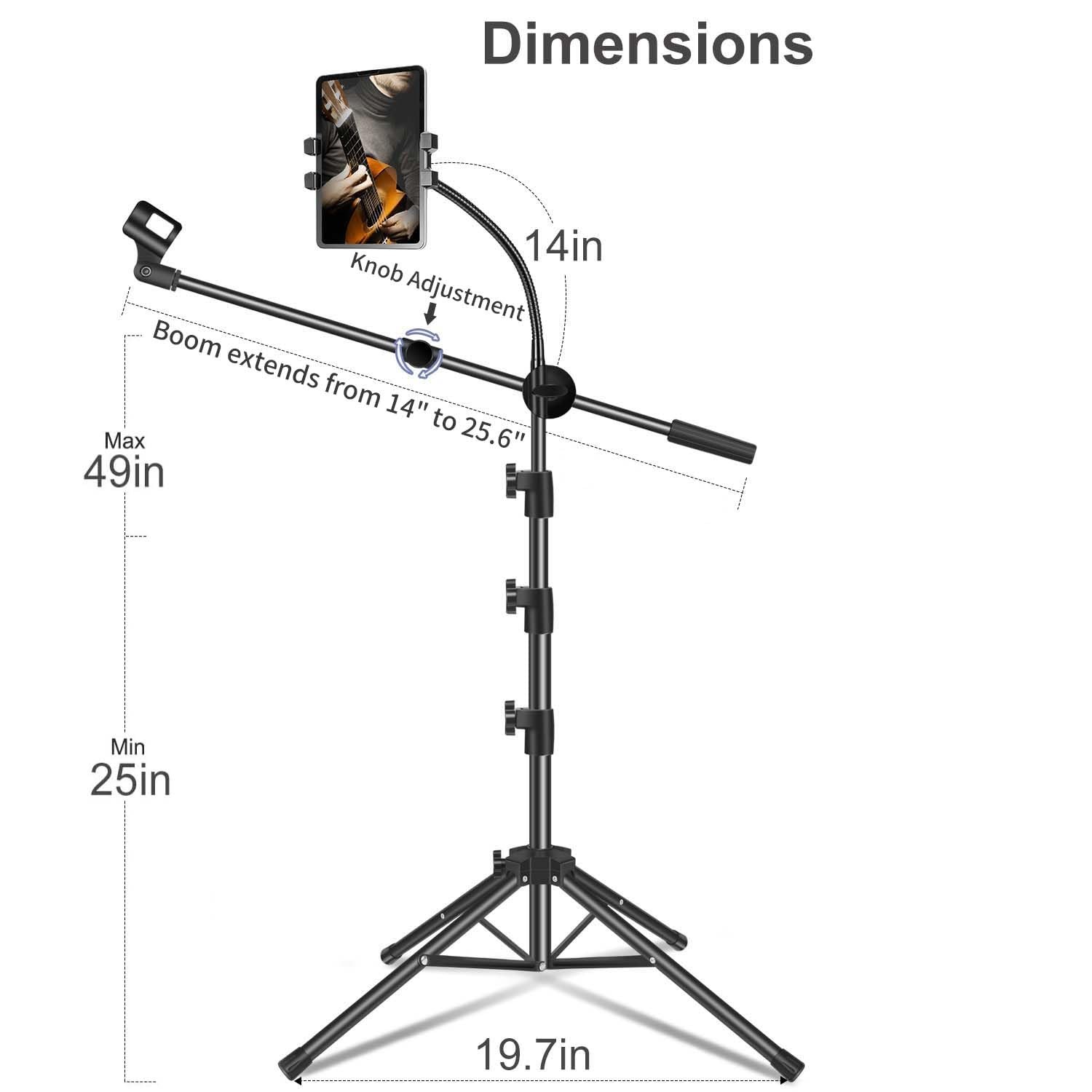 Boom Mic Stand with Tablet & Phone Holder Height Adjustable Four legged + 2Clips