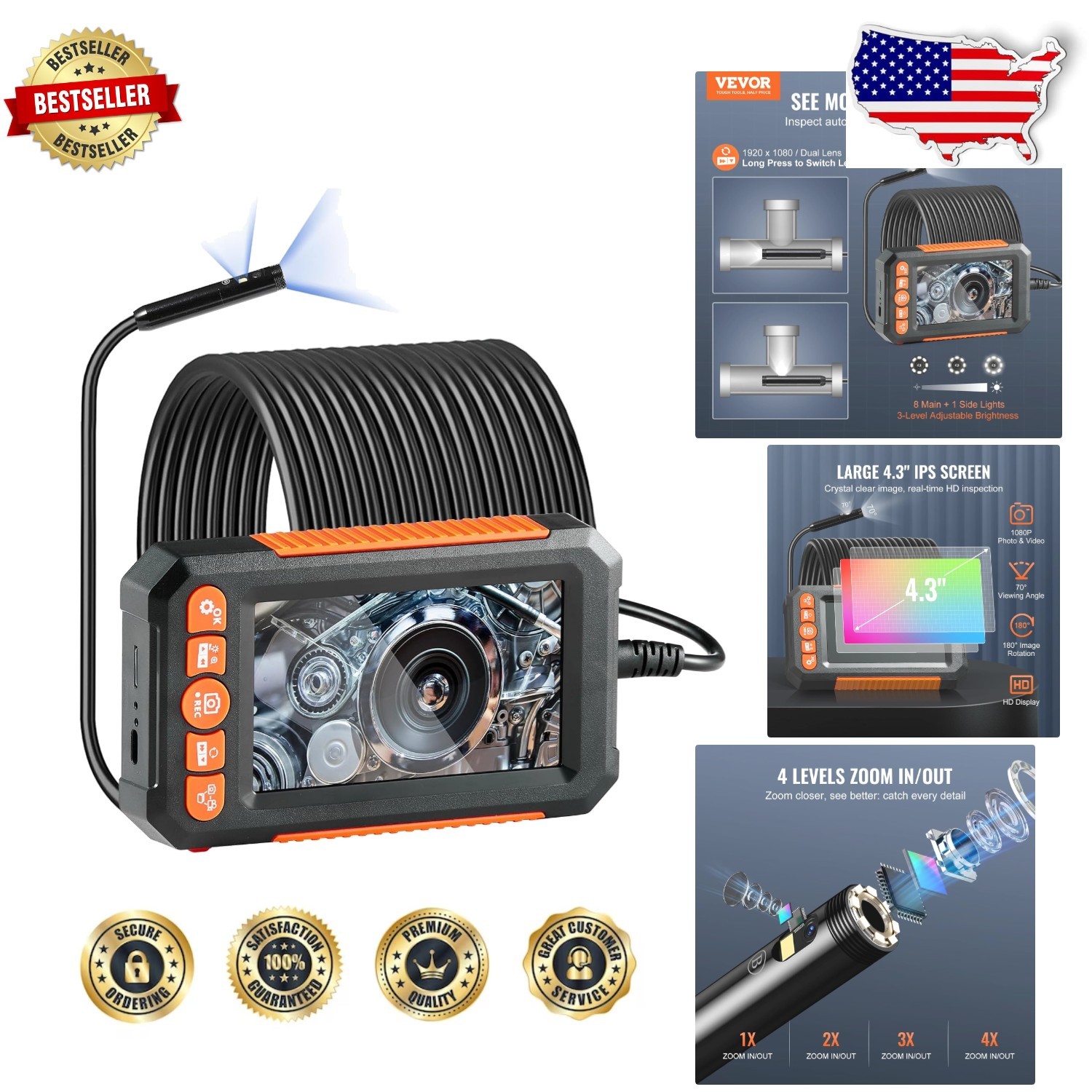 Inspection Camera 49.2FT Semi-Rigid Dual Lens 4.3" Screen 1080P  Borescope