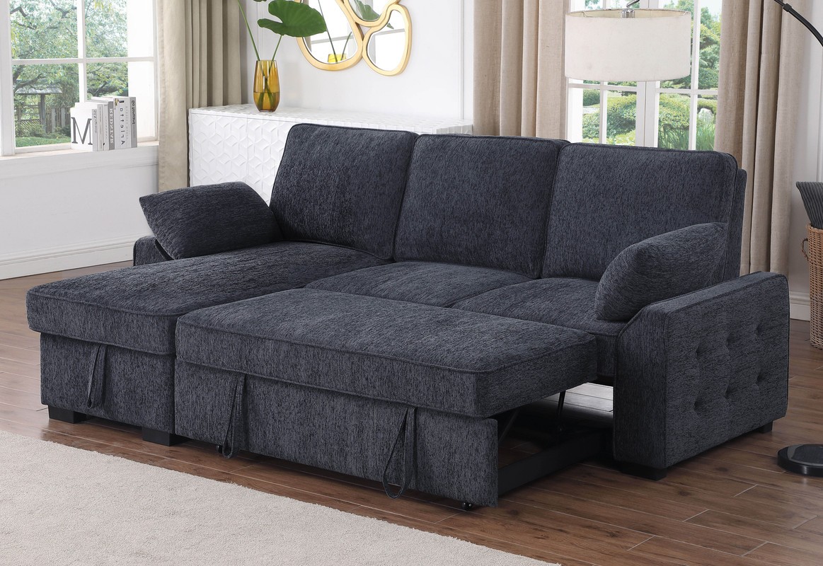 Mackenzie 91"W Charcoal Chenille Rev.Sleeper Sect. Storage+Cuphldrs+USB Ports