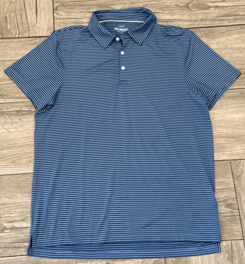 J Crew Performance Polo Blue Striped Light Weight Short Sleeve Golf Size Large