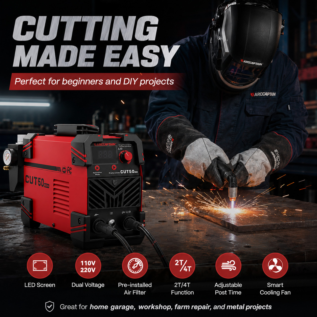 ARCCAPTAIN Plasma Cutter 50Amp 1/2" Clean Cut with Large LED Display IGBT 2T/4T