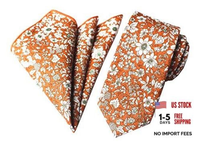 Men's Skinny Necktie & Pocket Square Set Cotton Floral One Size Orange