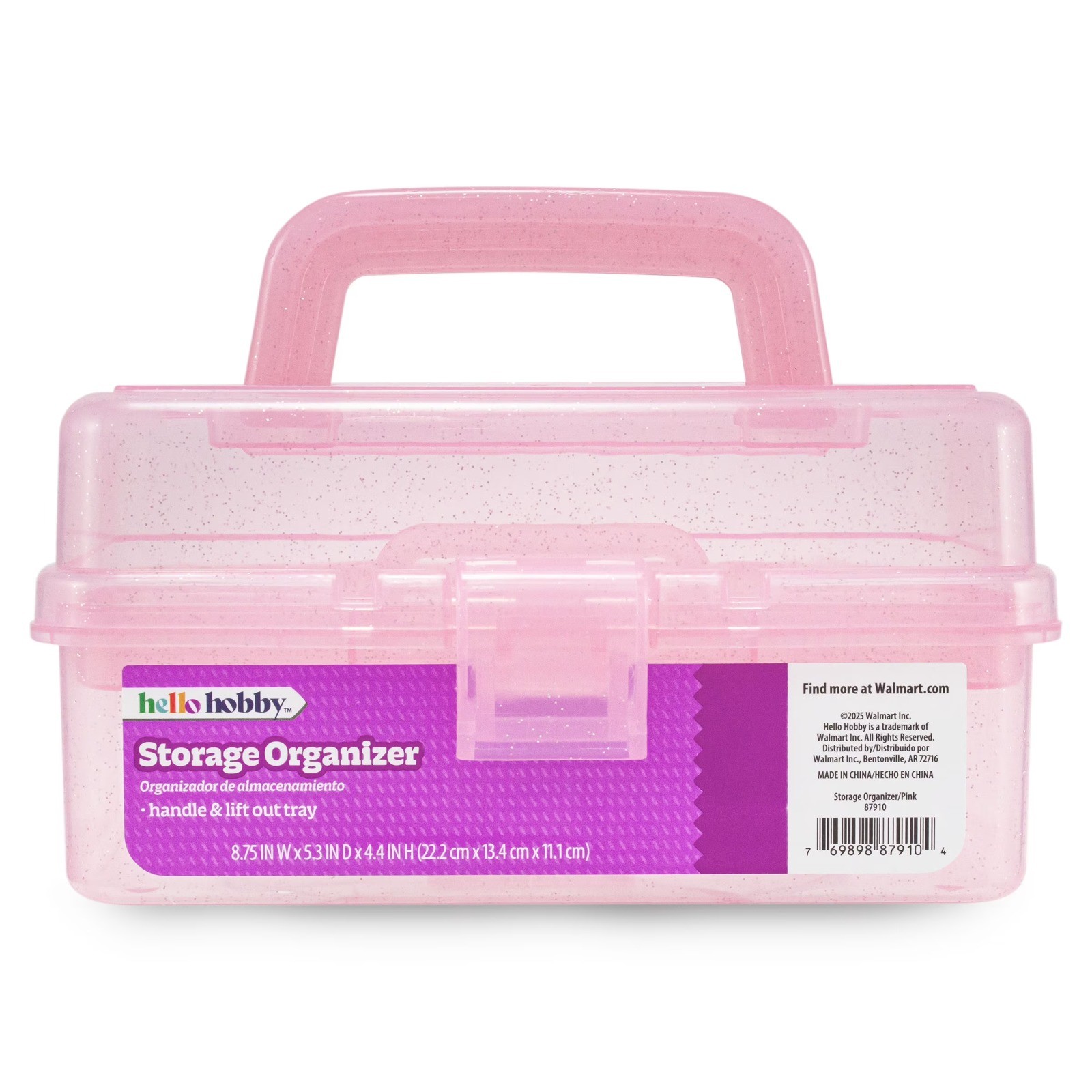Glitter pink craft storage box with removable tray