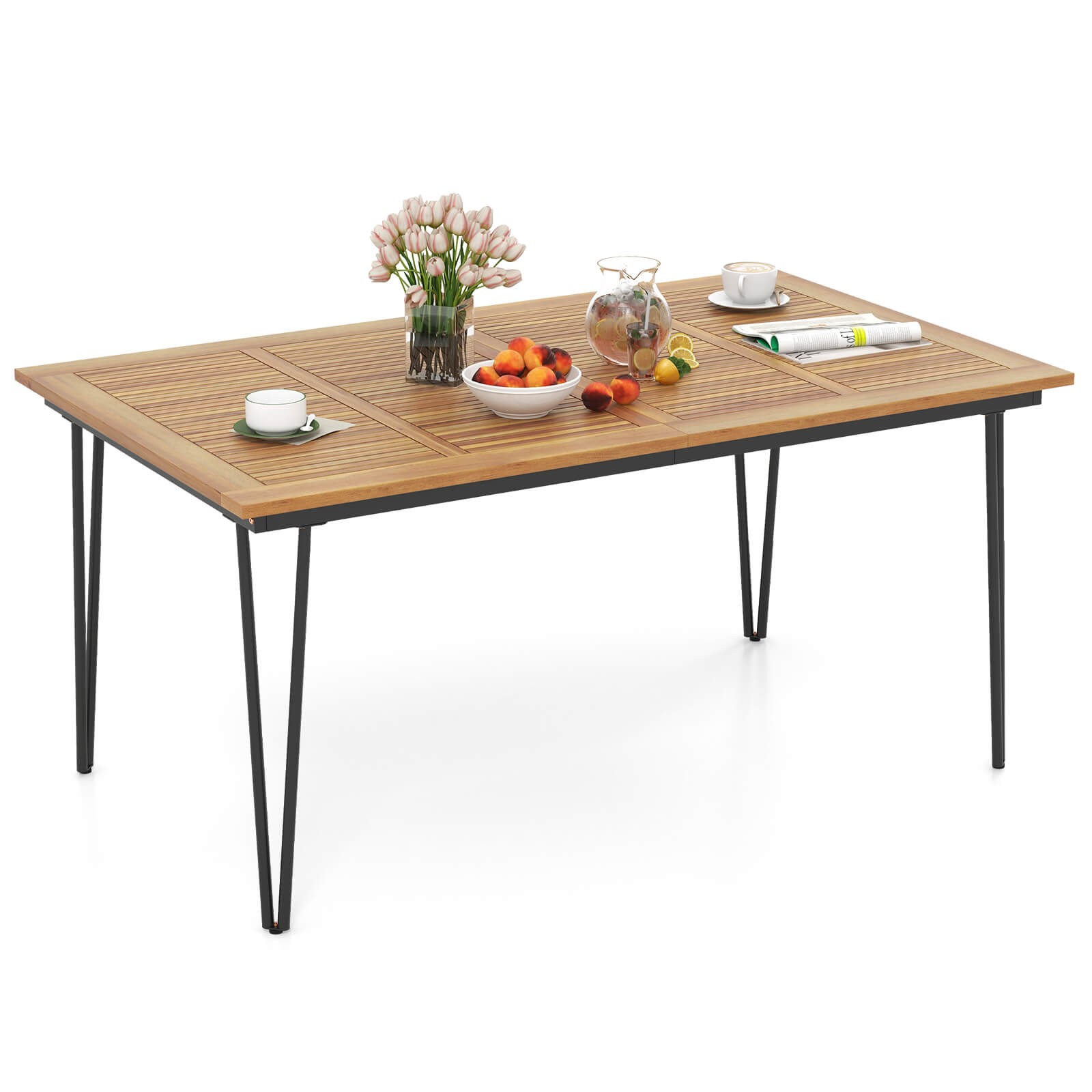 Outdoor 63-Inch Dining Table for 6 People w/ Acacia Wood Tabletop & Metal Legs