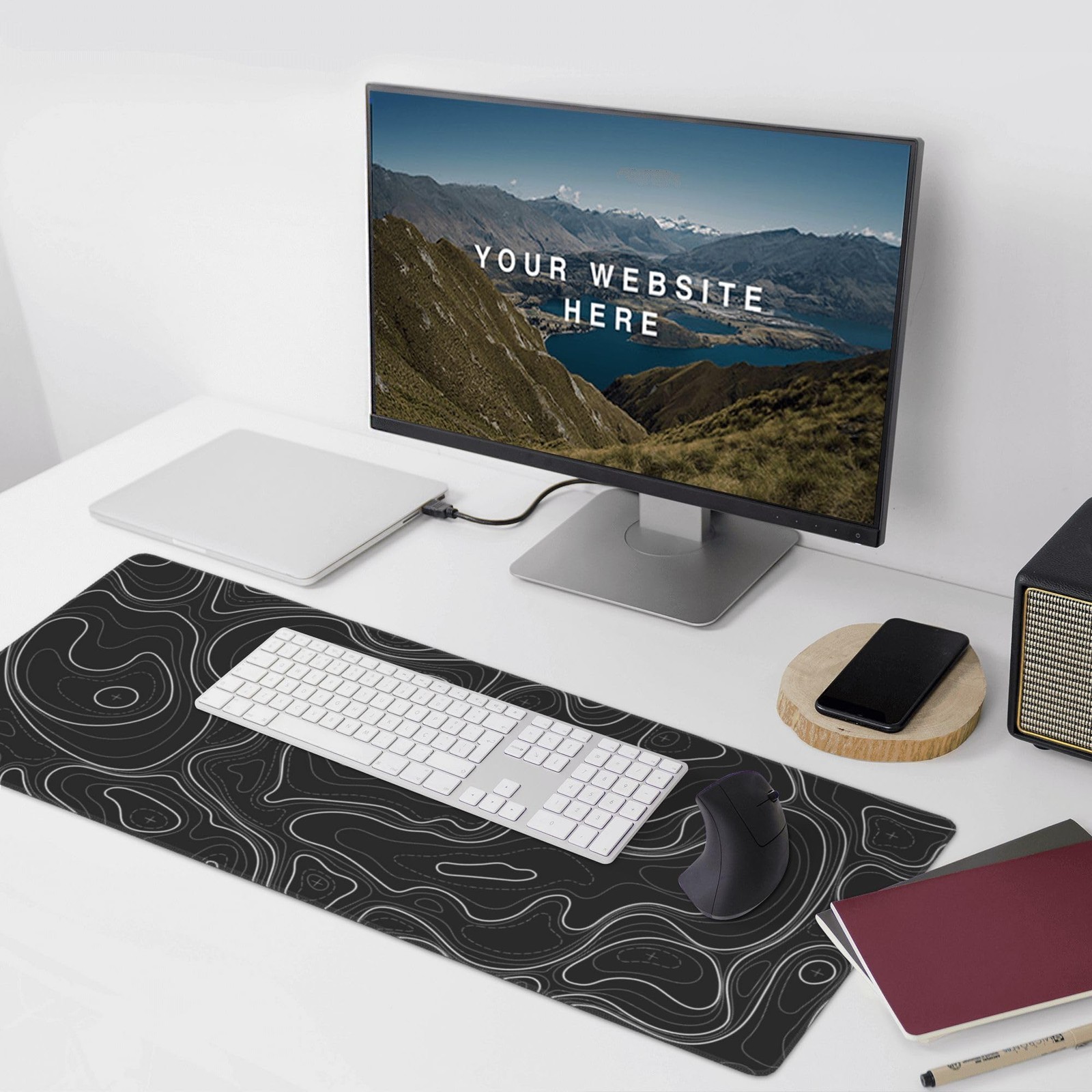 Large Gaming Mouse Pad Black Topographic Contour Mouse Pad with Stitched Edge...