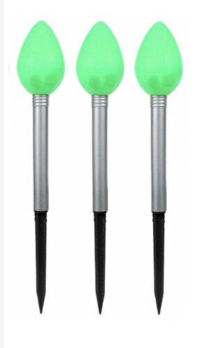 Set of 3 Christmas House Christmas Bulb Solar Stake Lights 14” Green, NEW