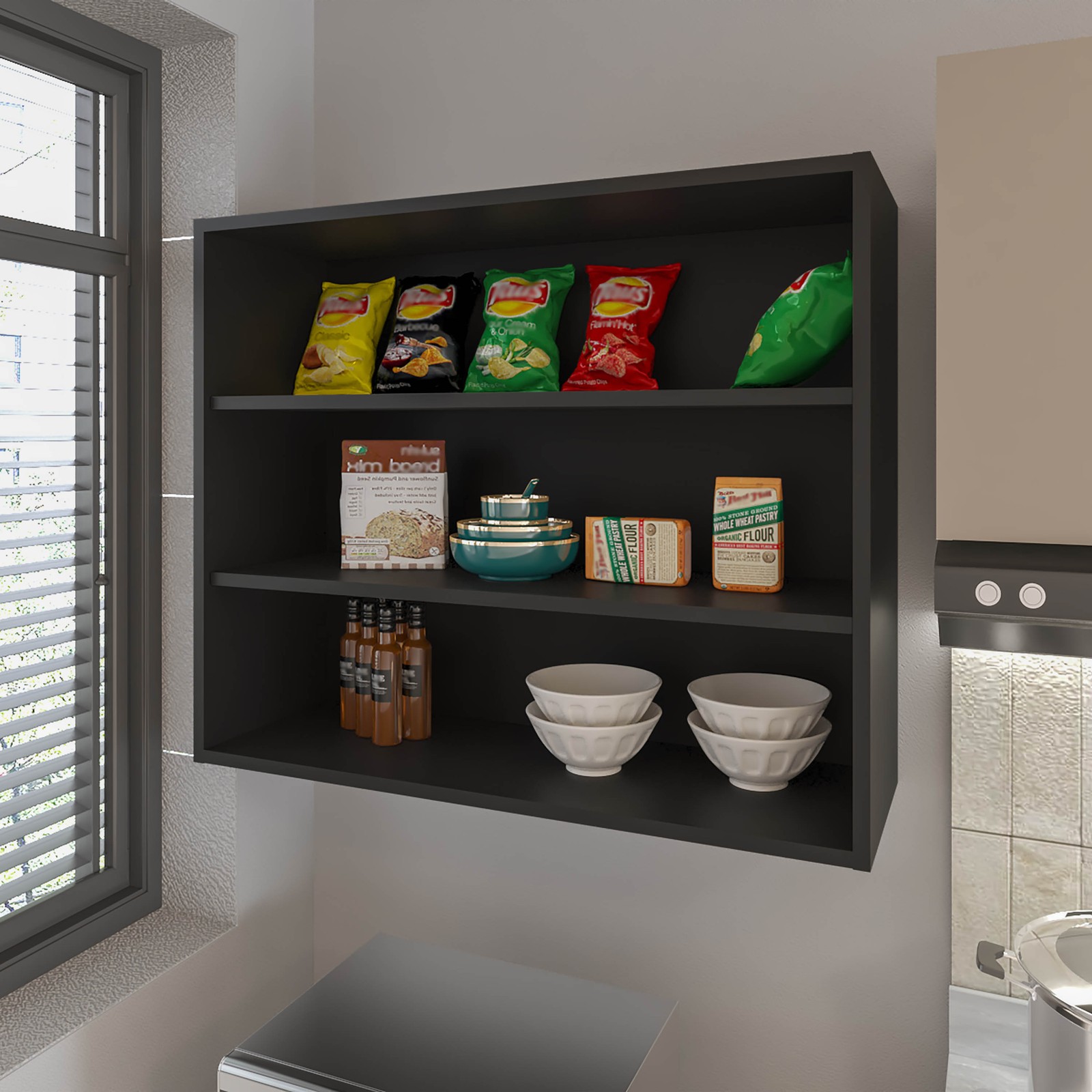Chinle Wall Cabinet in Melamine with Open Storage, Black