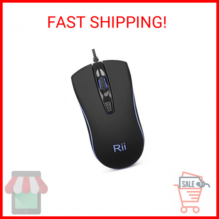 Rii Wired Mouse, RM105 USB Computer Mouse,Blue LED Optical 1600 DPI Office Mice