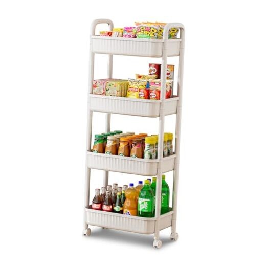 4 Tier Rolling Carts with Wheels, Utility Cart with Handle and White-4 Tier