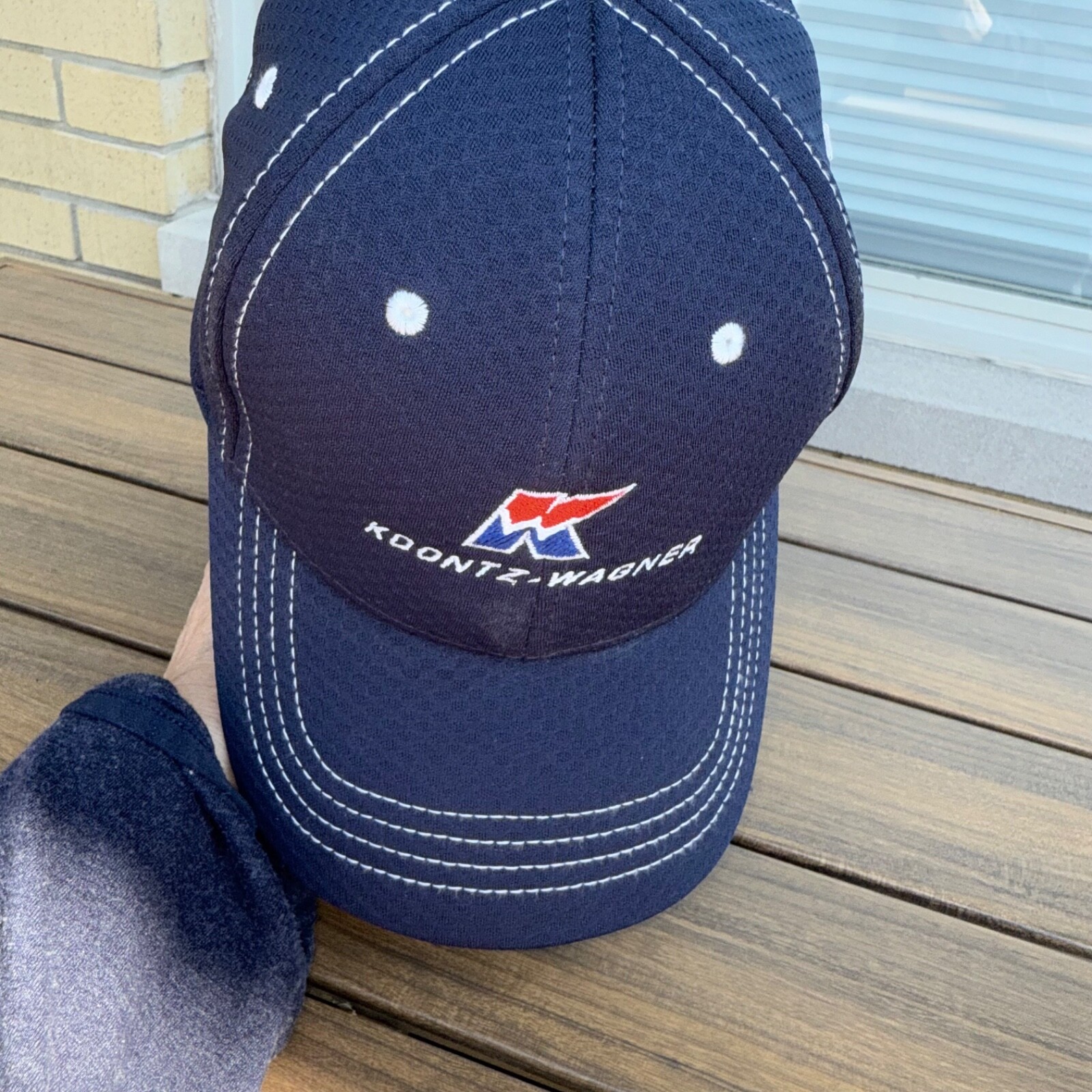 Koontz-Wagner RWb K Logo Letters on Navy Blue Hat Cap Hook Loop Top Stitch EUC