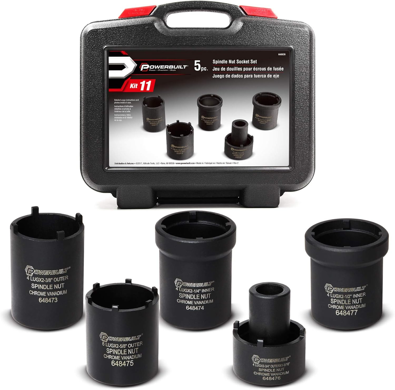 Spindle Nut Socket Tool Kit, 5 Piece, Remove Spindle Nuts, Various Size Lug Out