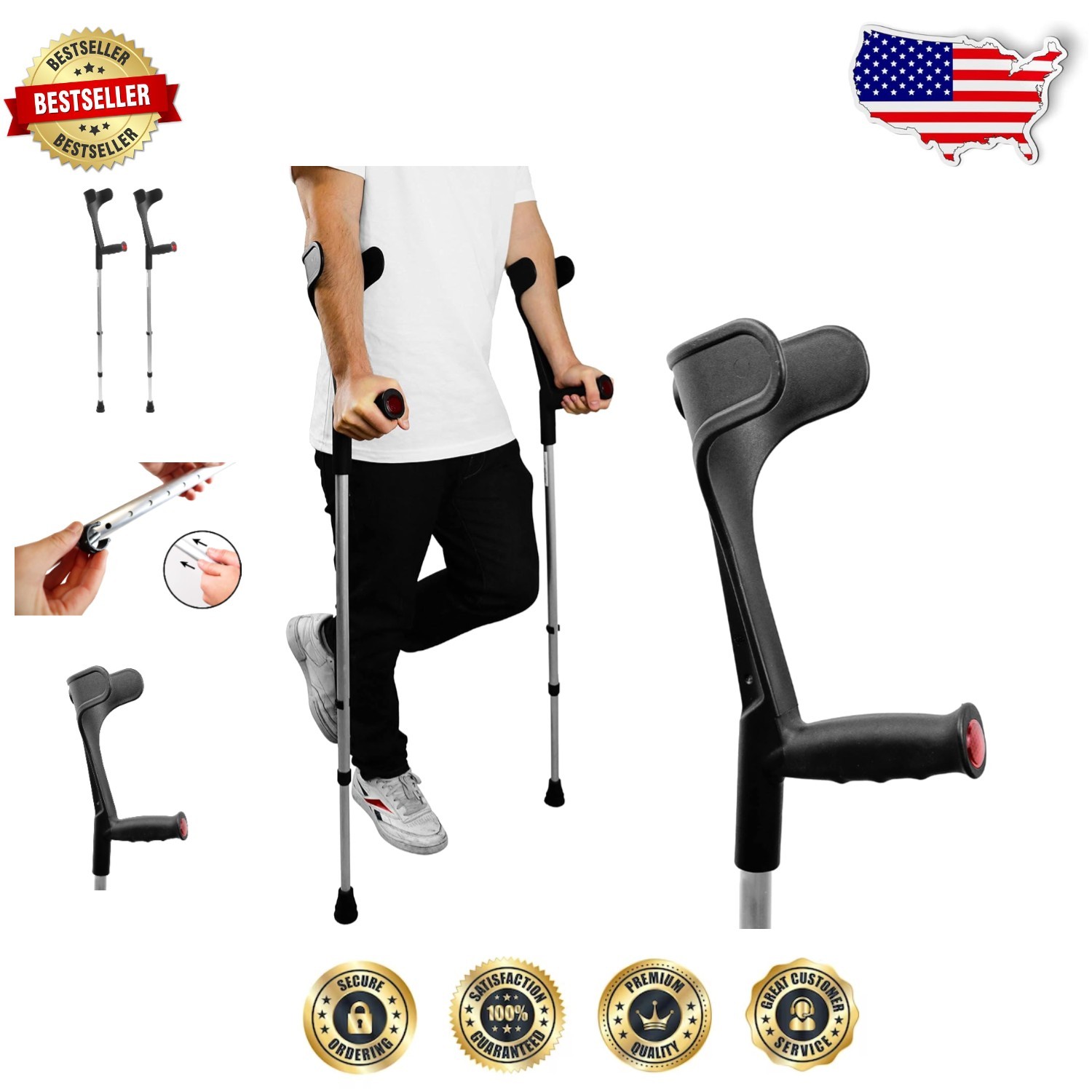 European Aluminium Forearm Crutches - Lightweight Black Pair, Max Height 190cm