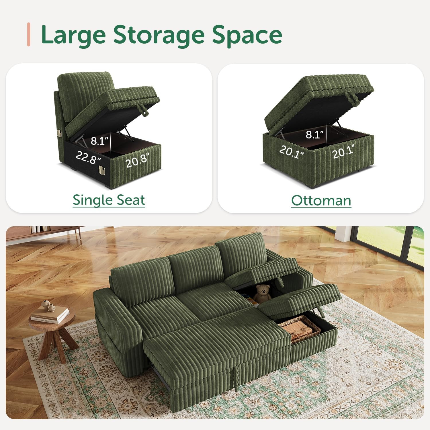 Modular Sectional Sofa with Pull Out Bed,Corduroy L Shaped Sleeper Sofa with Sto