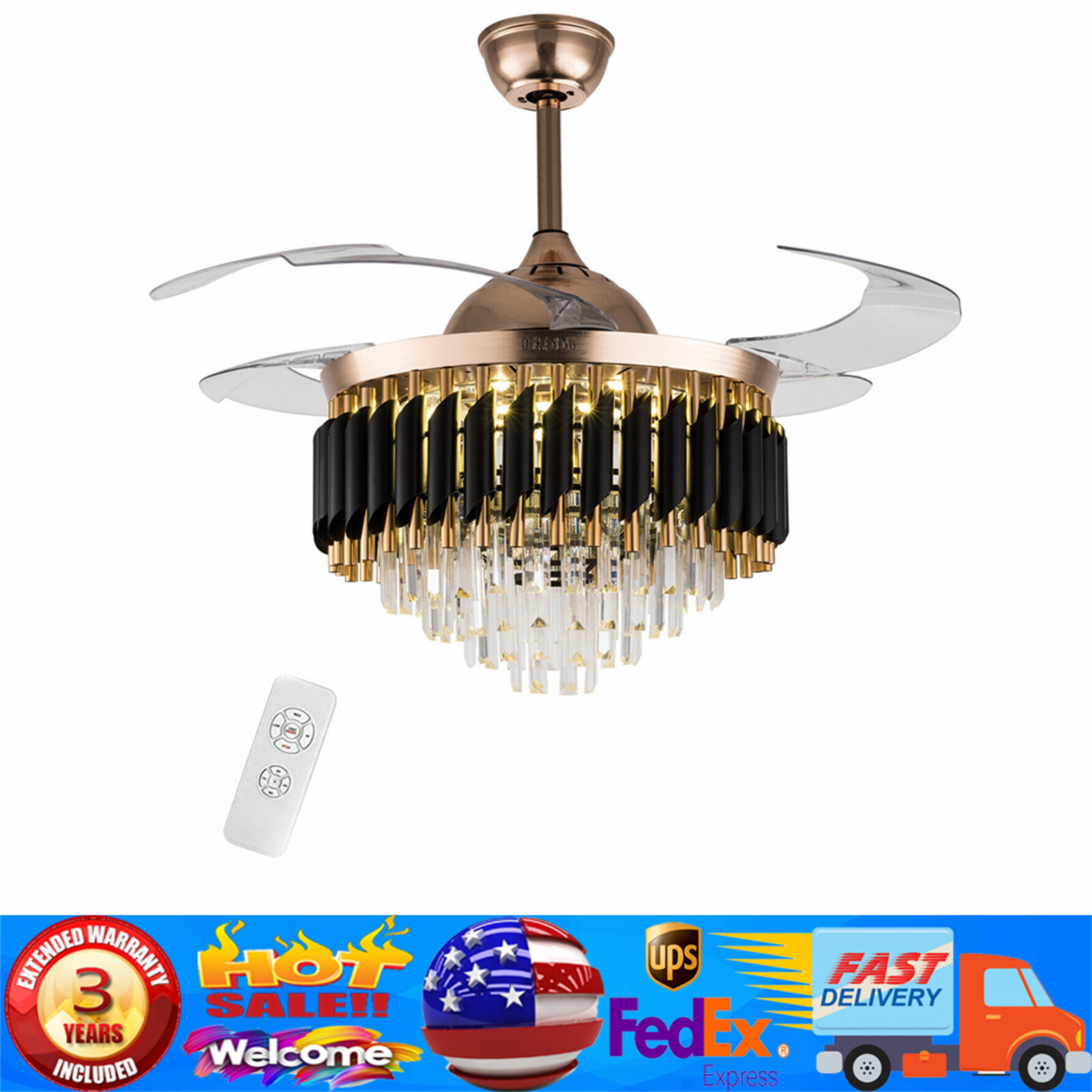 42" Crystal Ceiling Fan Chandelier Remote Retractable Blades w/ Led Light Black